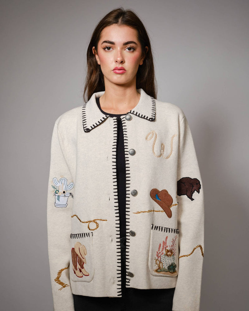 Blue B Motif Wool Blend Sweater Jacket - OATMEAL